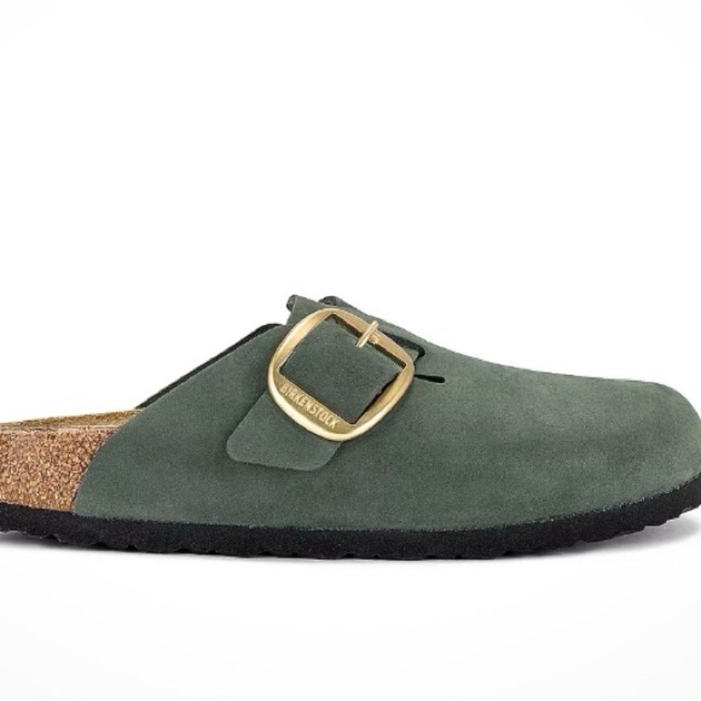 Birkenstock Olive Suede Clogs with Gold Buckle